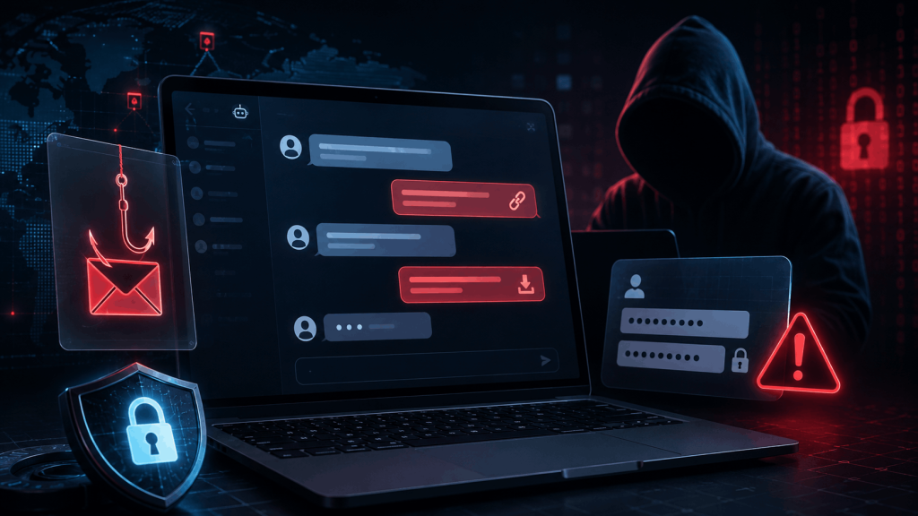 AI chat scam warning showing phishing links and password theft risks