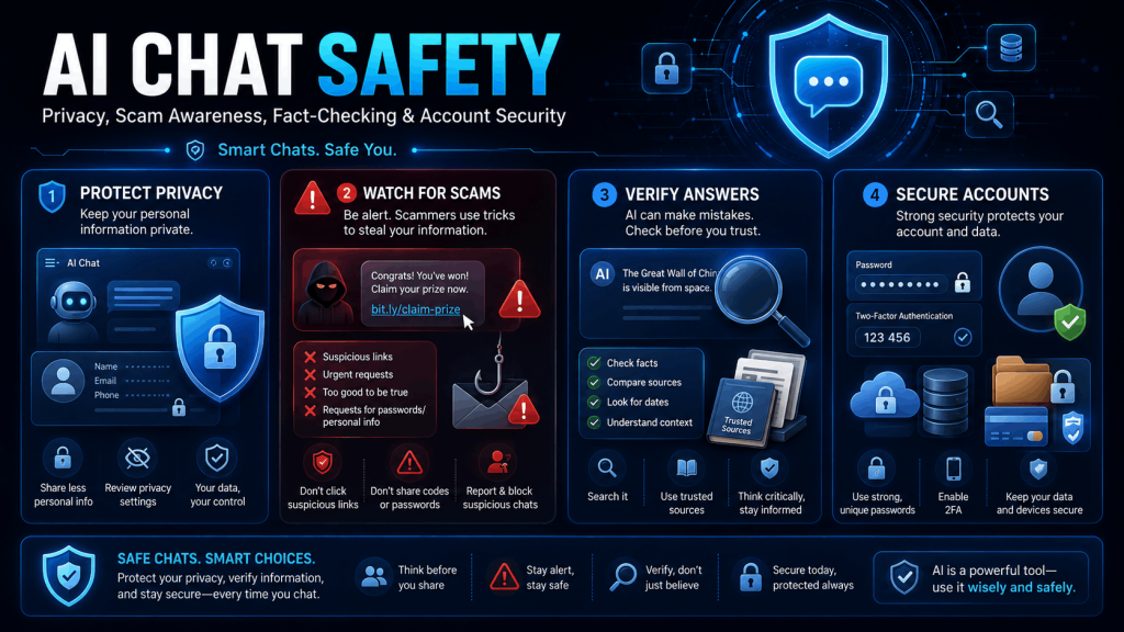 AI chat safety infographic covering privacy, scams, fact-checking and account security