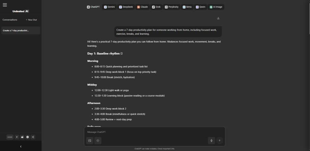 ChatGPT running inside the Unlimited AI chatbot interface