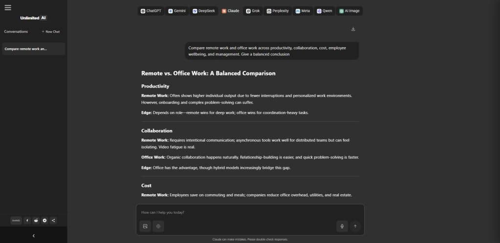 Claude AI coding test in the Unlimited AI chatbot interface