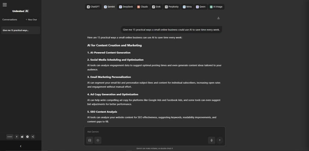 Gemini AI chatbot test using Unlimited AI