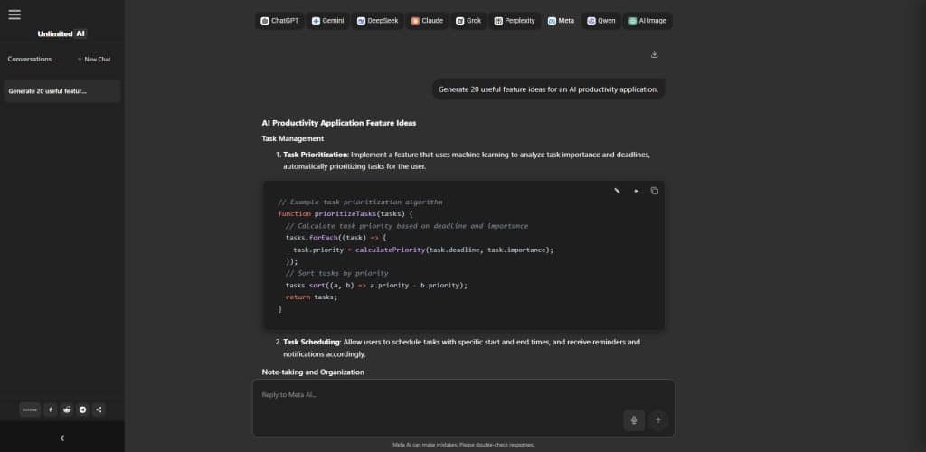 Meta AI chatbot response in the Unlimited AI interface