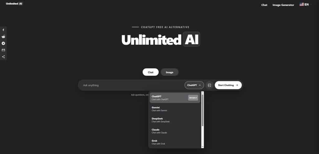Multiple AI chatbot options available on Unlimited AI