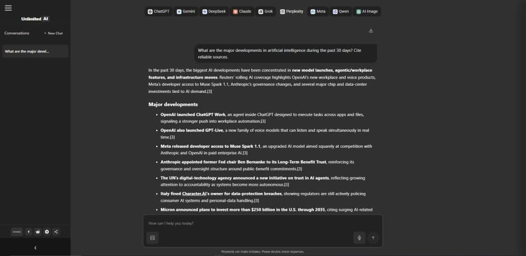 Perplexity AI research response with sources in Unlimited AI