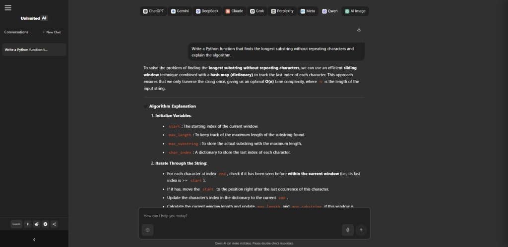 Qwen AI chatbot test inside the Unlimited AI platform