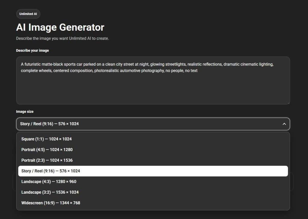 Unlimited AI image size selection for generating images
