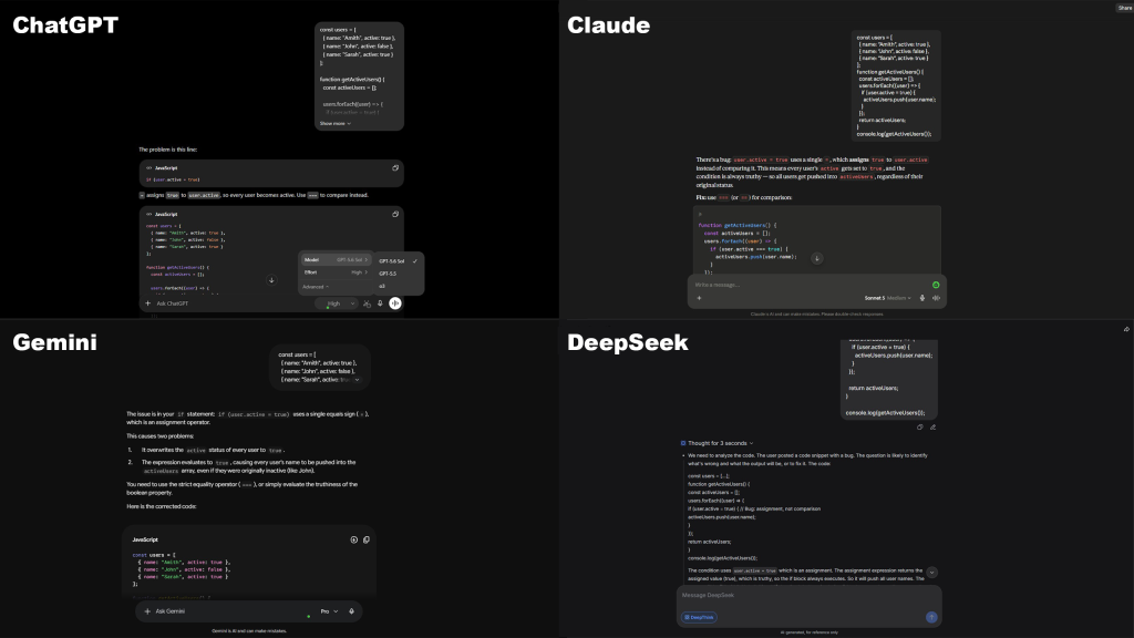 Different AI coding assistants solving the same programming problem