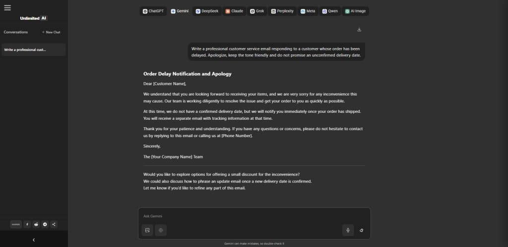Using Unlimited AI chatbot to draft a customer service email for business