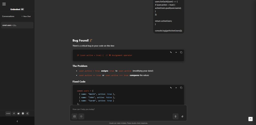 Using Unlimited AI to get coding assistance and debug code