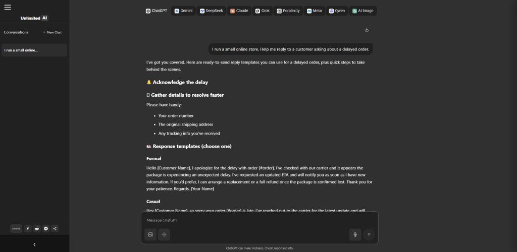 Conversational AI experience using the Unlimited AI chat interface