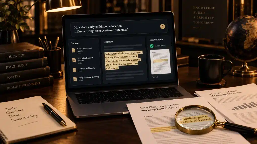 A research workspace with an AI assistant, source documents, citation checks and a structured research question.
