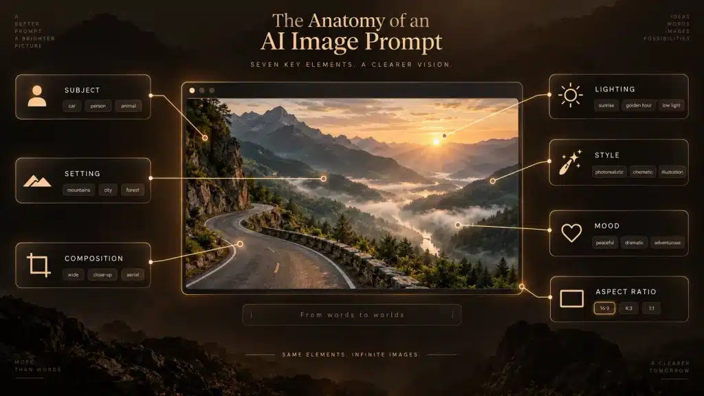 AI image prompt structure with subject, setting, composition, lighting and style