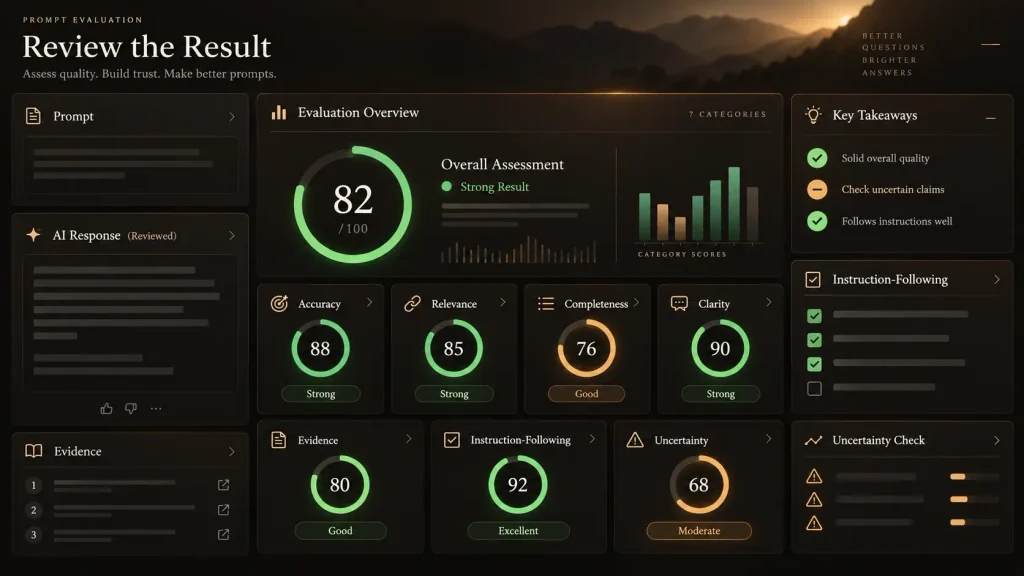 Checklist for evaluating AI prompt results for accuracy and relevance