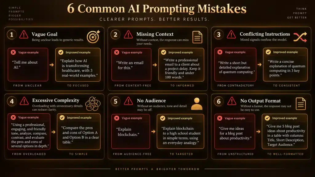 Common AI prompting mistakes including vague goals and missing context