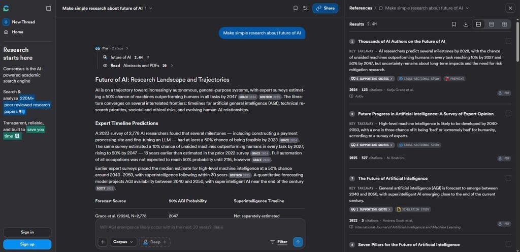 Consensus academic search results with research filters