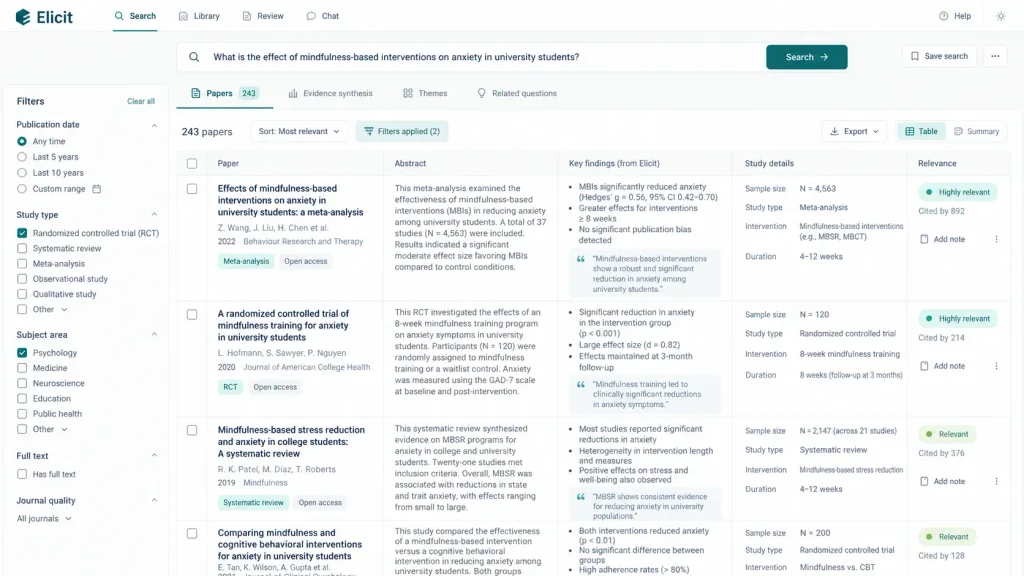 Elicit literature search results organized in an evidence table