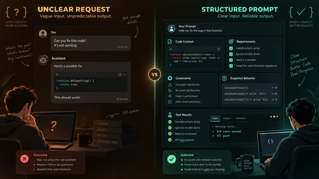 Good AI coding prompt with requirements, code context and tests