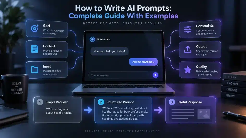 Laptop displaying a structured AI prompt with cards for goal, context, input, constraints, output and quality.