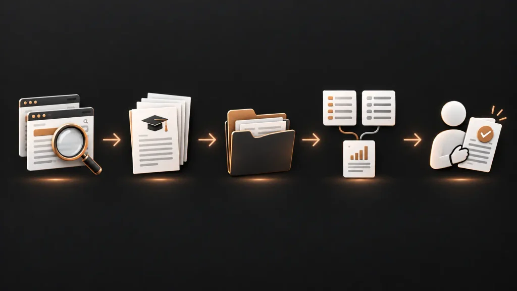 Research workflow from web and academic source discovery to human verification