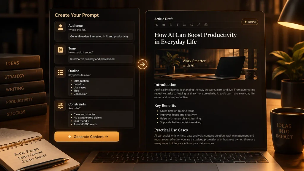 Structured AI prompt for content writing with audience, tone and outline