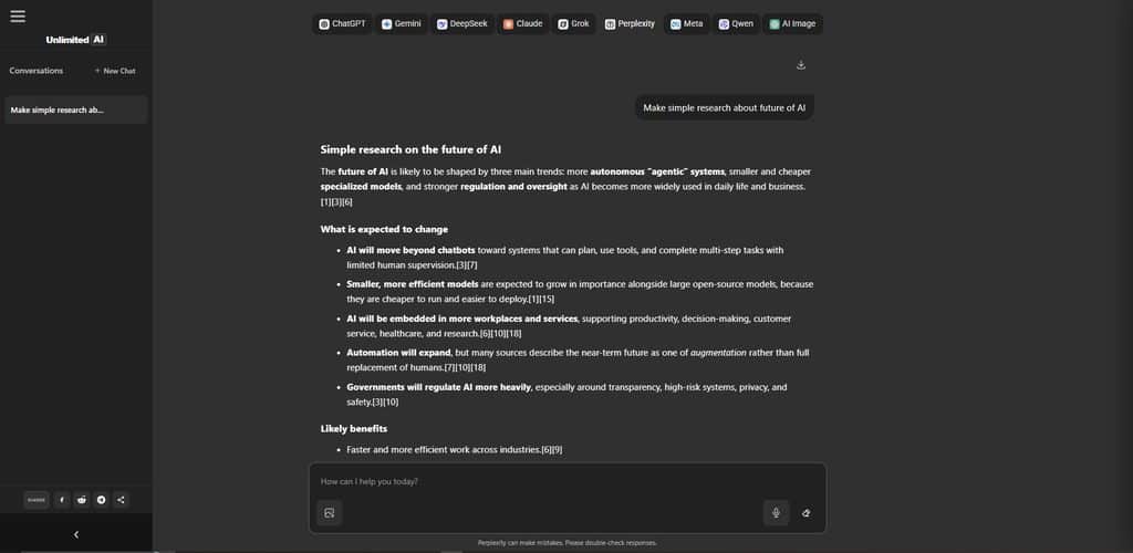 Unlimited AI Chat with a research question and assistant selection