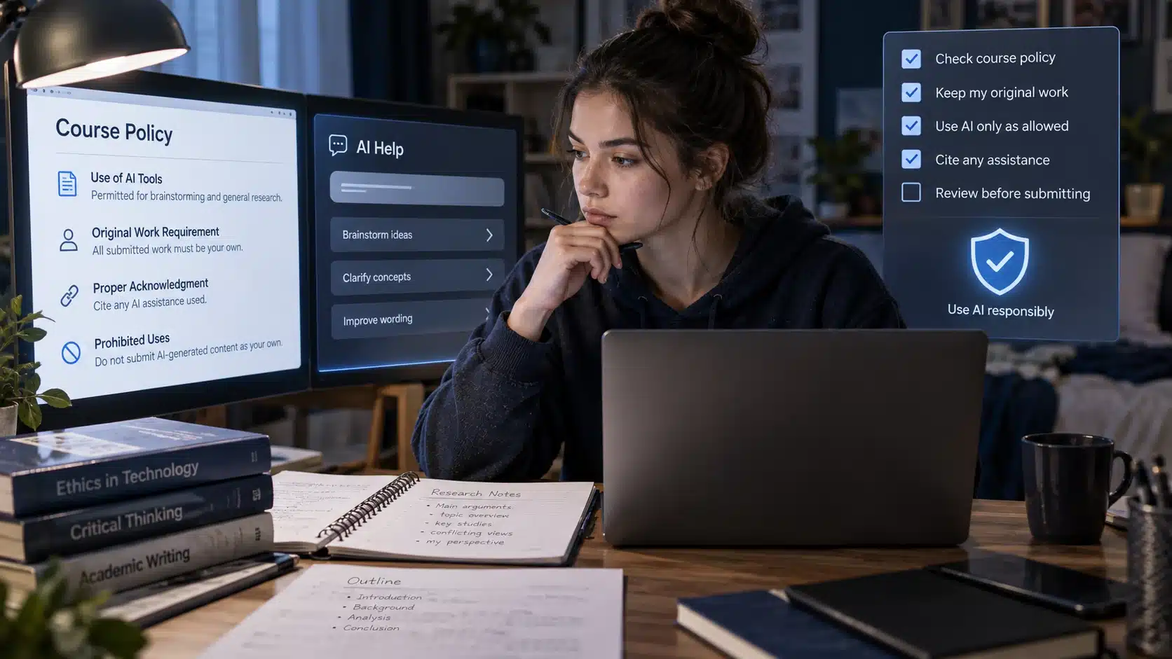 Student checking academic integrity rules before using AI for an assignment