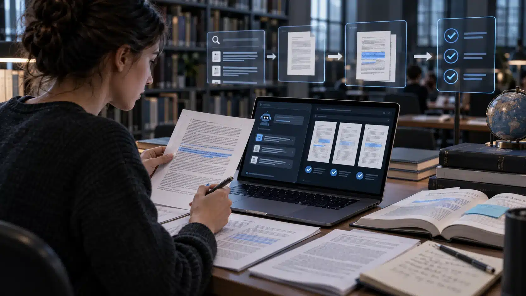 Student using AI to locate and verify academic research sources
