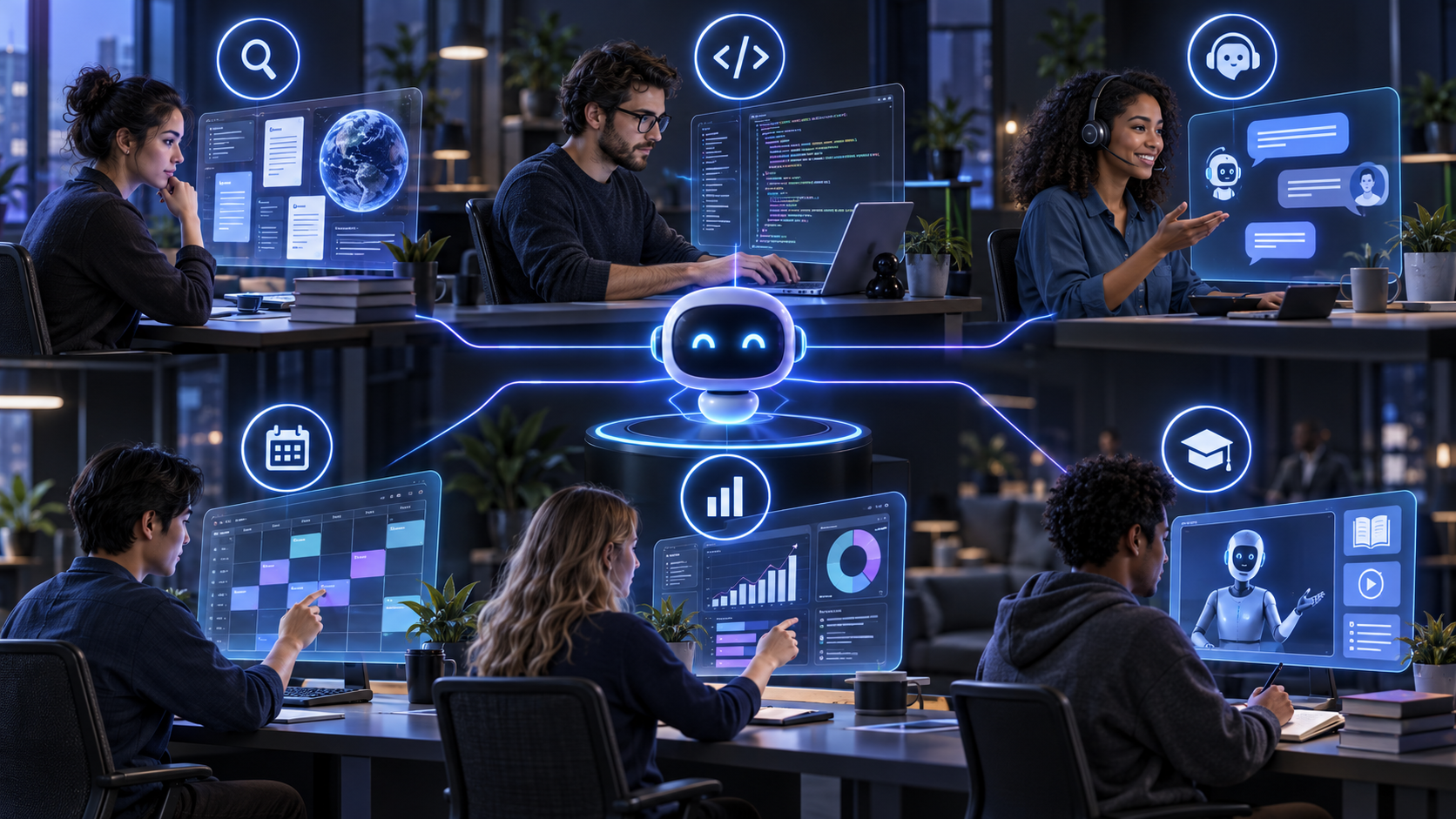 AI agents supporting research, coding, customer service, productivity, analytics and education.