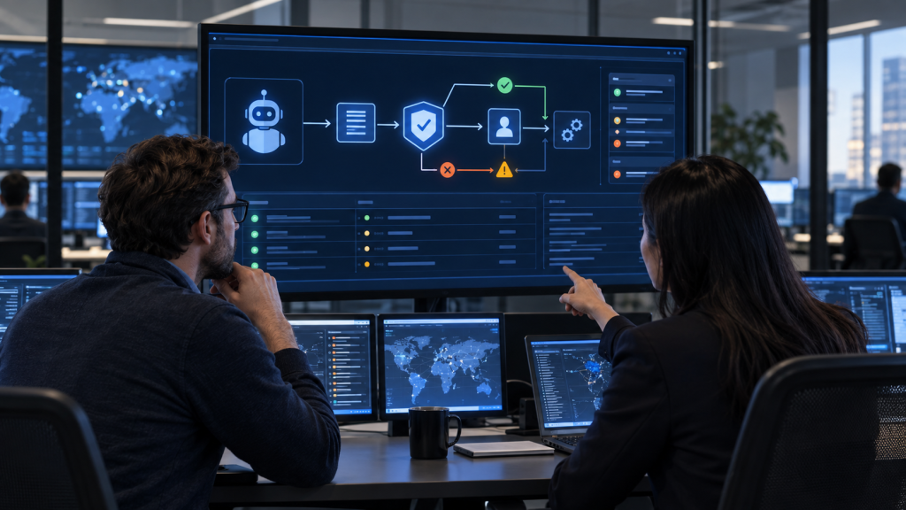 Security professionals monitoring a controlled autonomous AI agent with policy checks and human approval