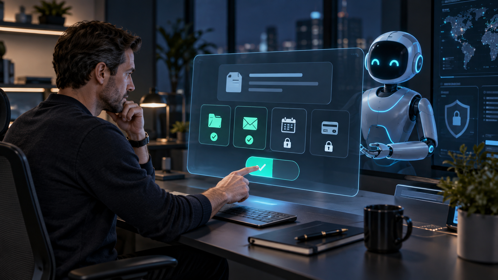 Human reviewing an AI agent action before granting limited access to files, email, calendar and payments.
