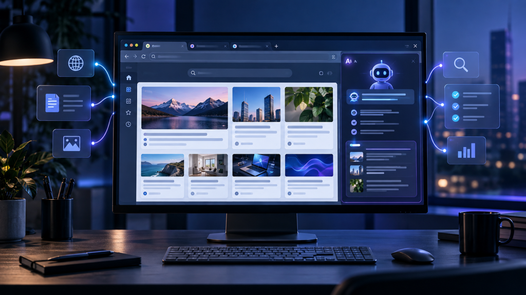 Modern wide desktop browser interface with an AI assistant analyzing and organizing web information