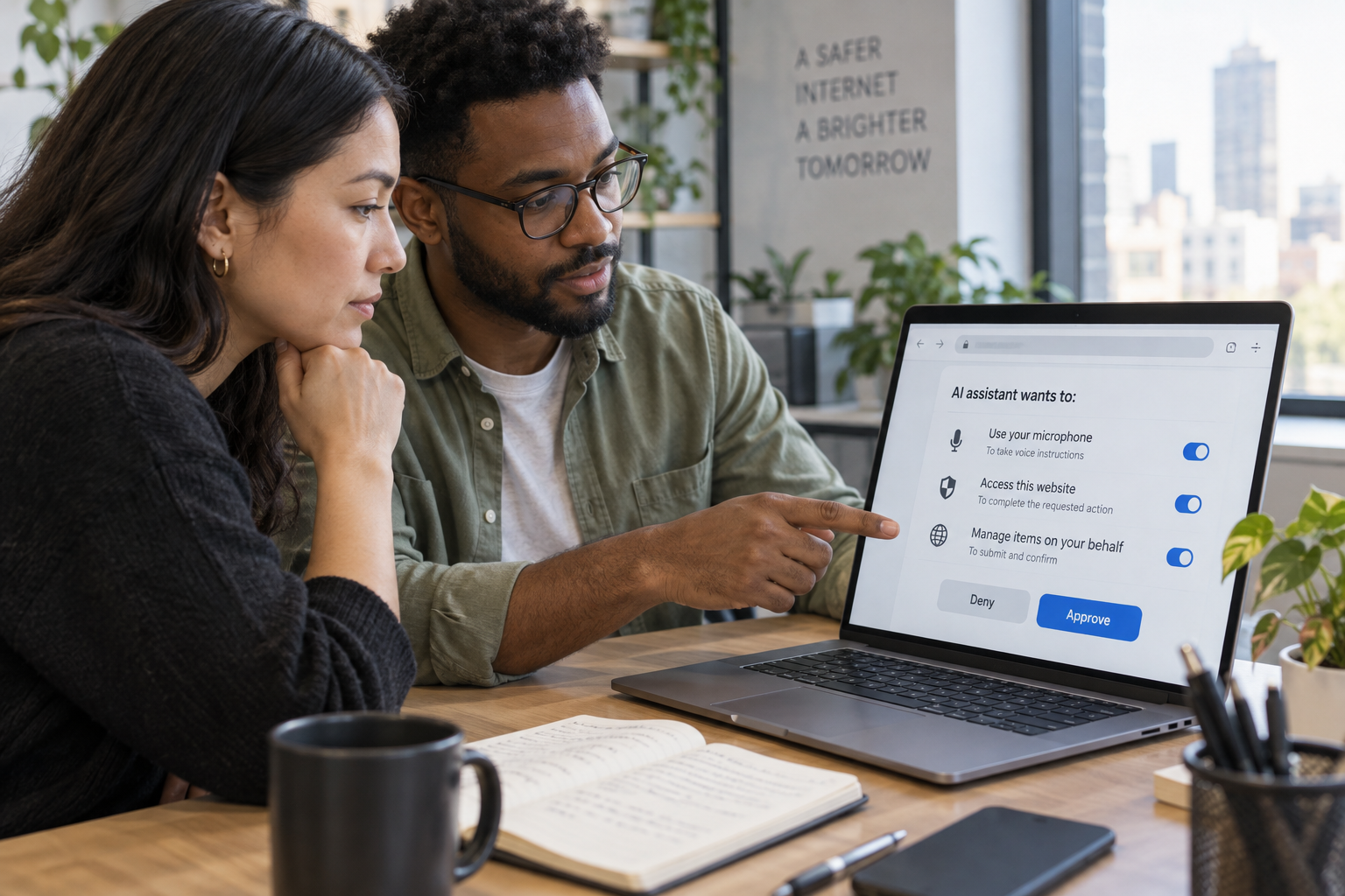 Coworkers reviewing AI browser microphone, website access and action permissions before approval