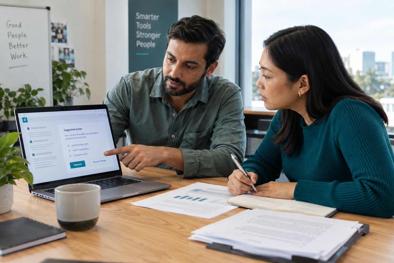 Small business team reviewing an AI copilot suggestion before approving an action