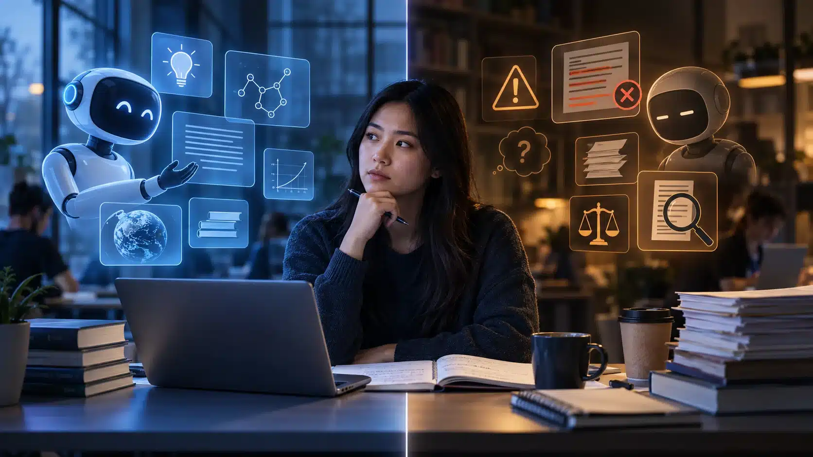 Student balancing the benefits and risks of artificial intelligence in education