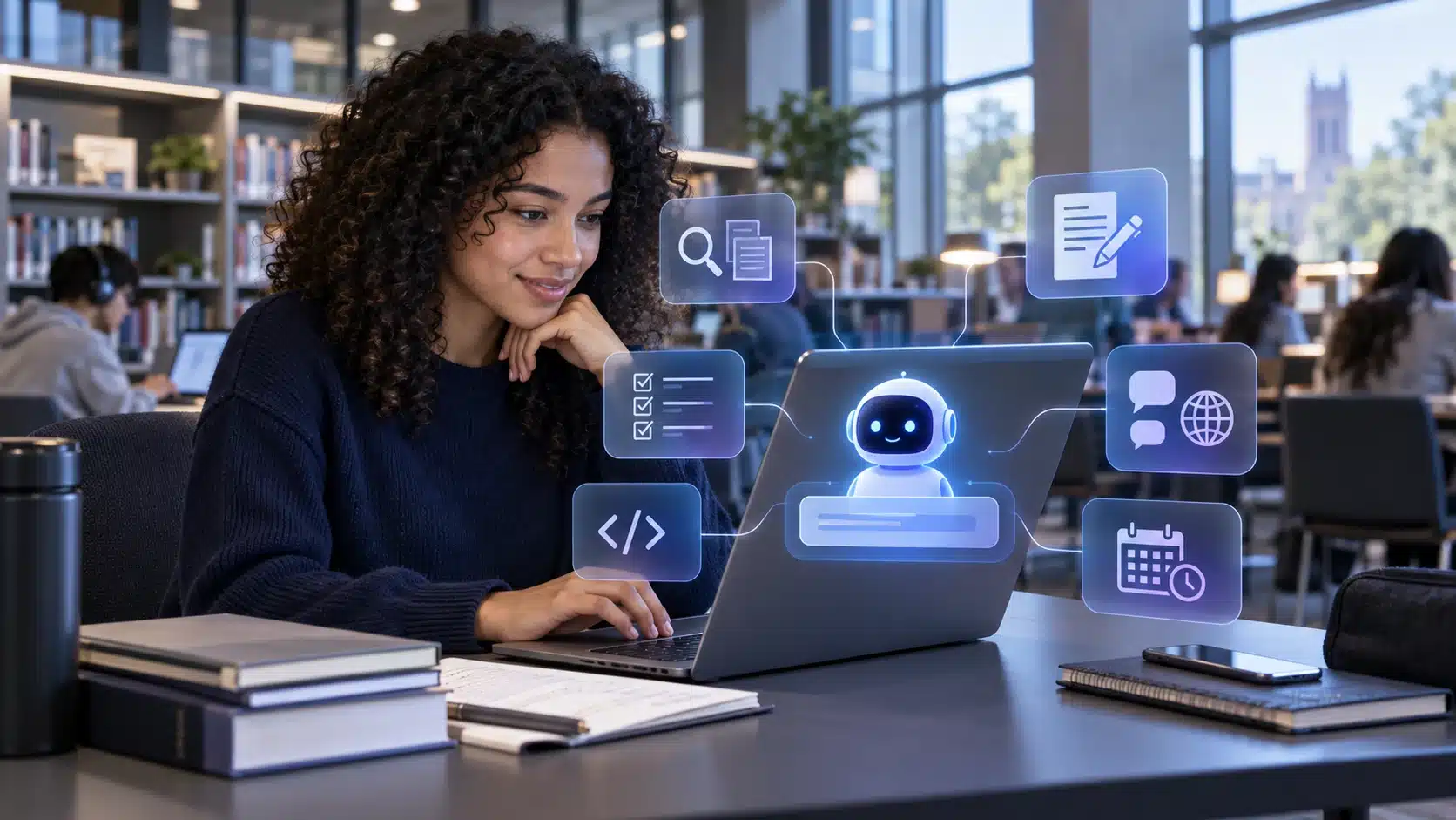 Student using an AI assistant for learning, research and study organization