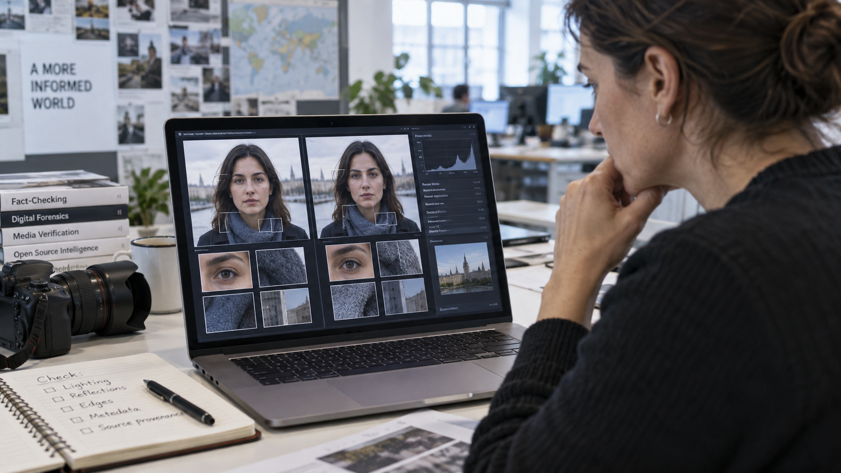 Fact-checker comparing two portrait images and inspecting lighting, reflections, edges and provenance information