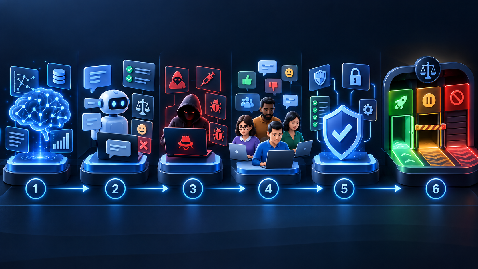 Six-stage AI model evaluation process from capability testing and red teaming to safeguard checks and release decision