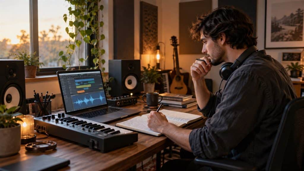 Music creator writing an AI music prompt in a home recording studio