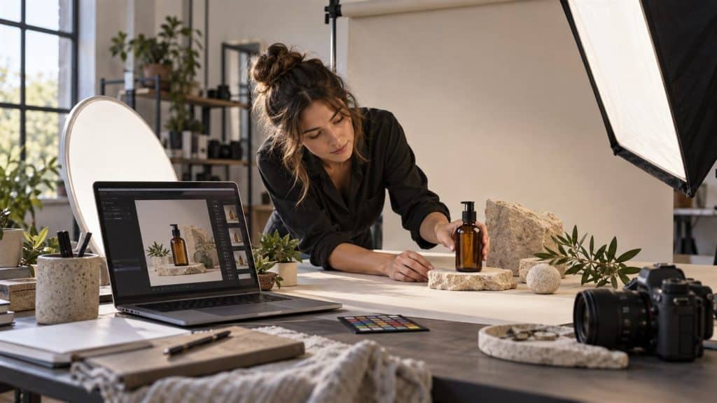 Product photographer creating an AI-assisted product image in a realistic studio