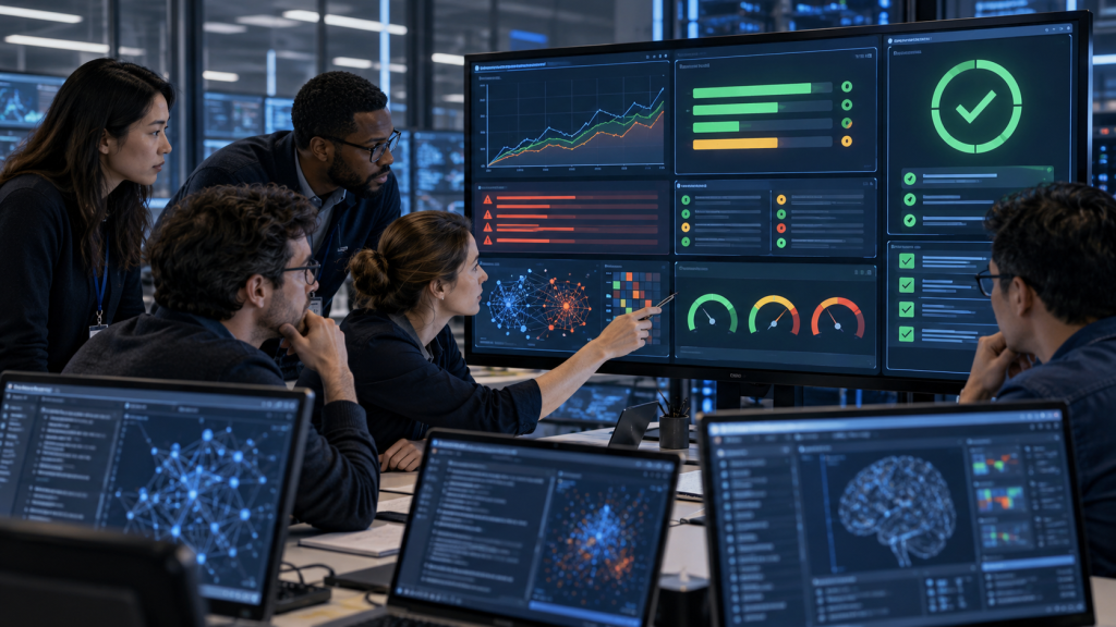 AI safety researchers reviewing model evaluation results before release