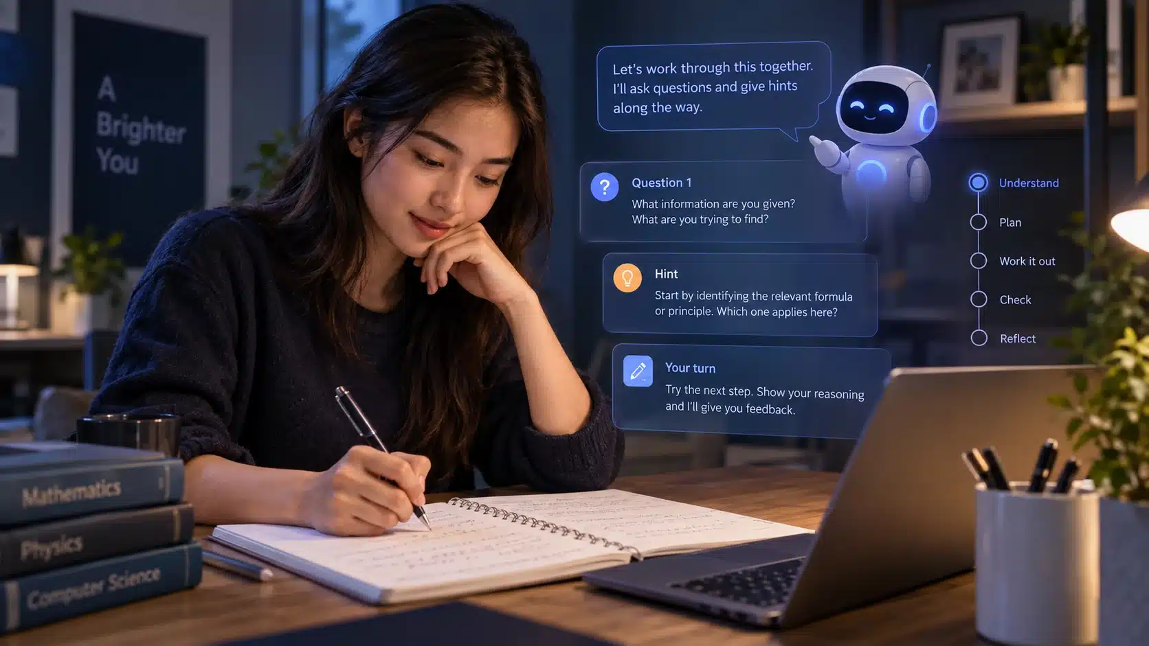 AI tutor guiding a student through a problem with questions and hints