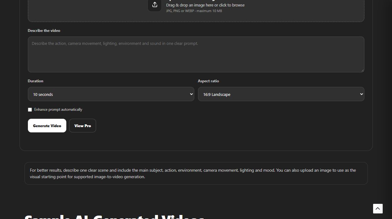 Unlimited AI Video Generator prompt box with duration, aspect ratio and enhance prompt controls