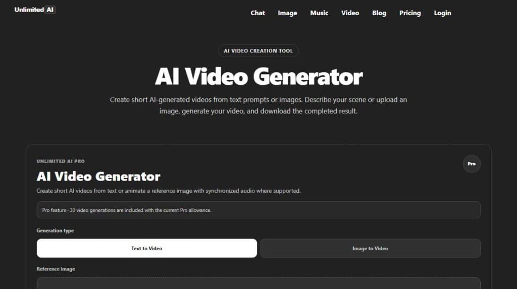 Unlimited AI Video Generator interface for writing text-to-video and image-to-video prompts