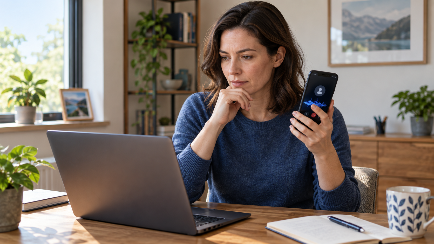 Person pausing an urgent phone call and independently checking the caller using a laptop