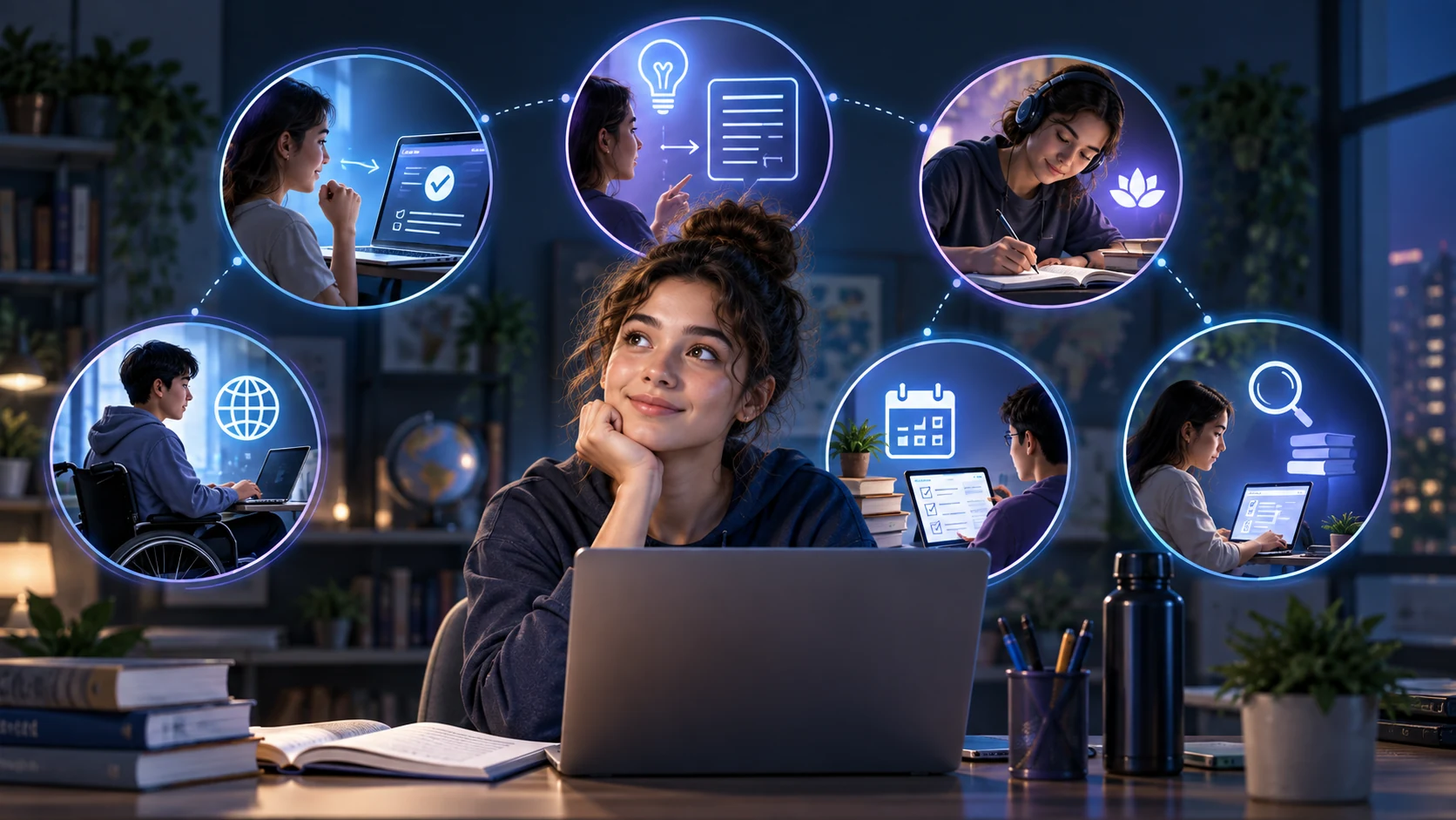 Benefits of AI for students including feedback, practice, accessibility and organization