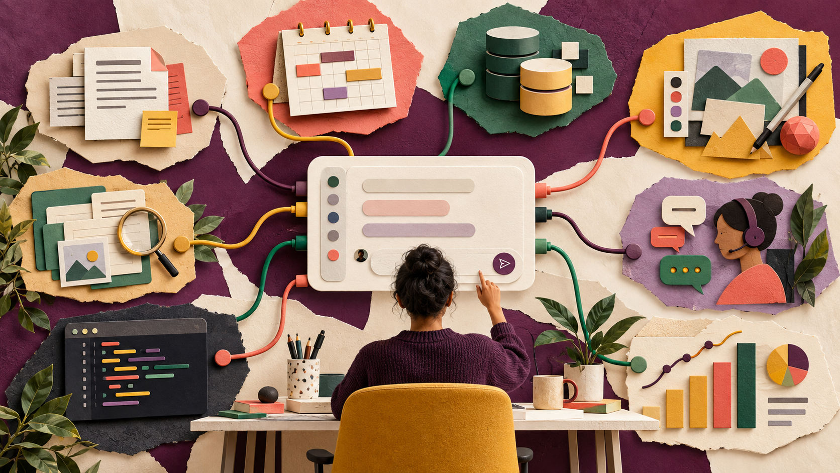Creative illustration of an AI assistant workspace connected to documents, calendars, databases, design, coding and analytics tools