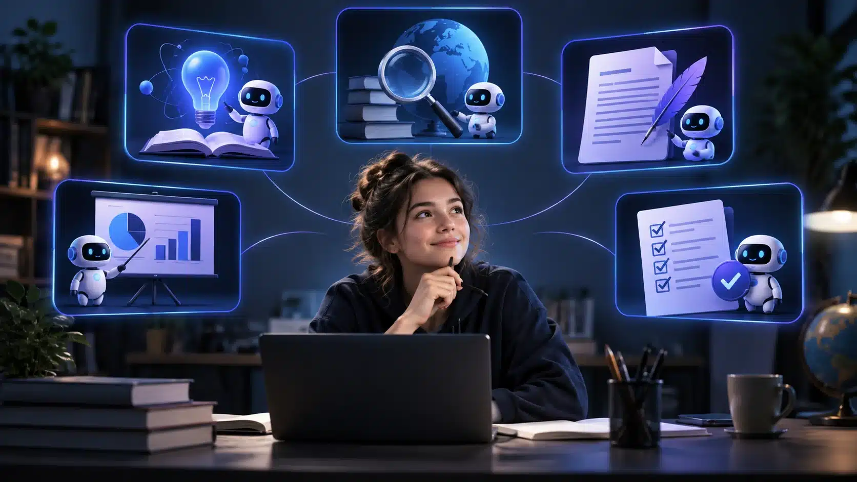 Common student uses of AI including studying, research, writing and presentations