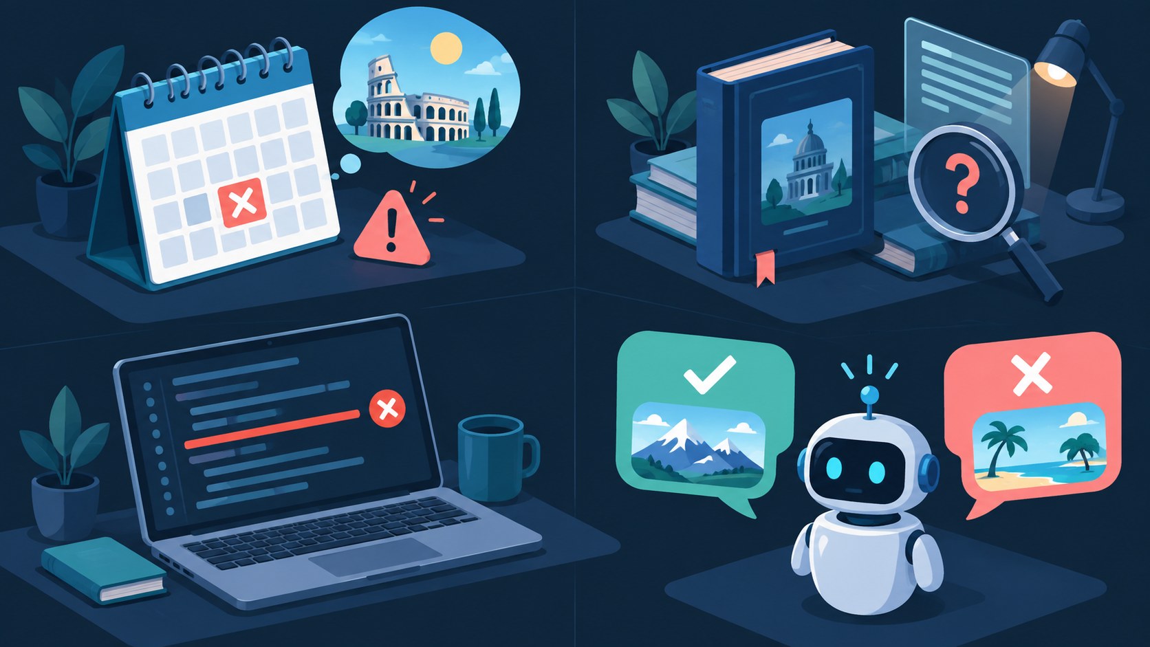Illustration of factual, citation, coding and consistency hallucinations produced by AI.