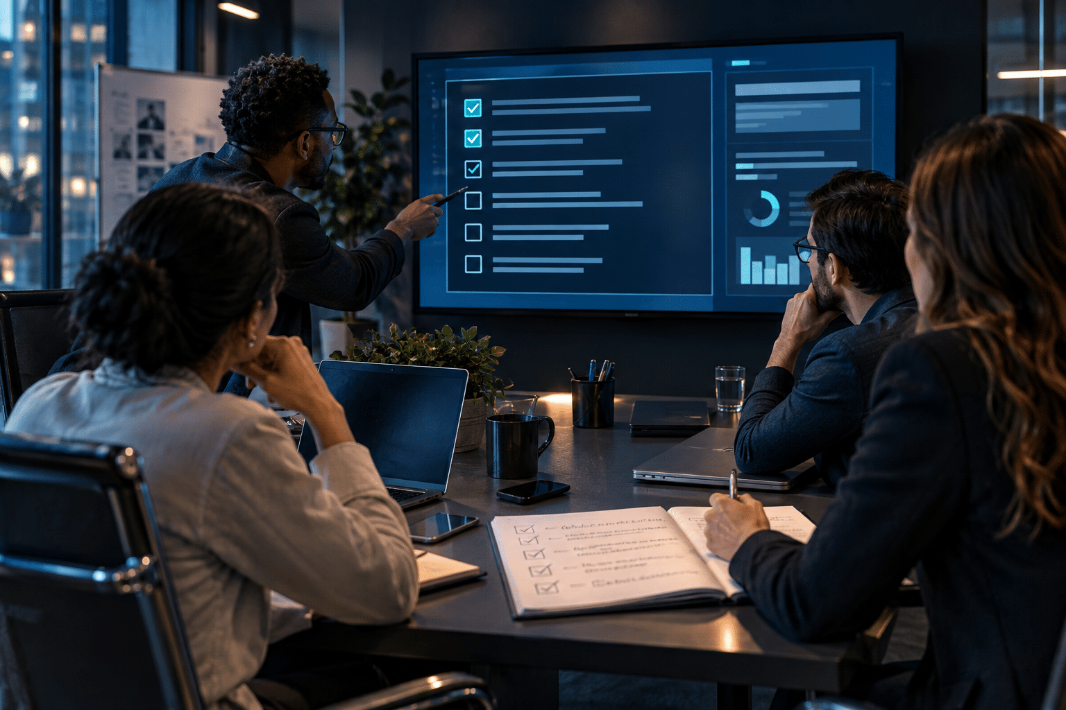 Team reviewing AI-generated meeting action items on a shared monitor