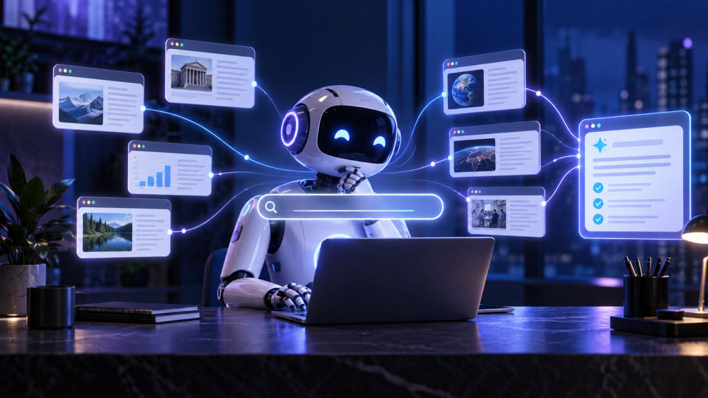 AI search agent assembling a cited answer from multiple web sources